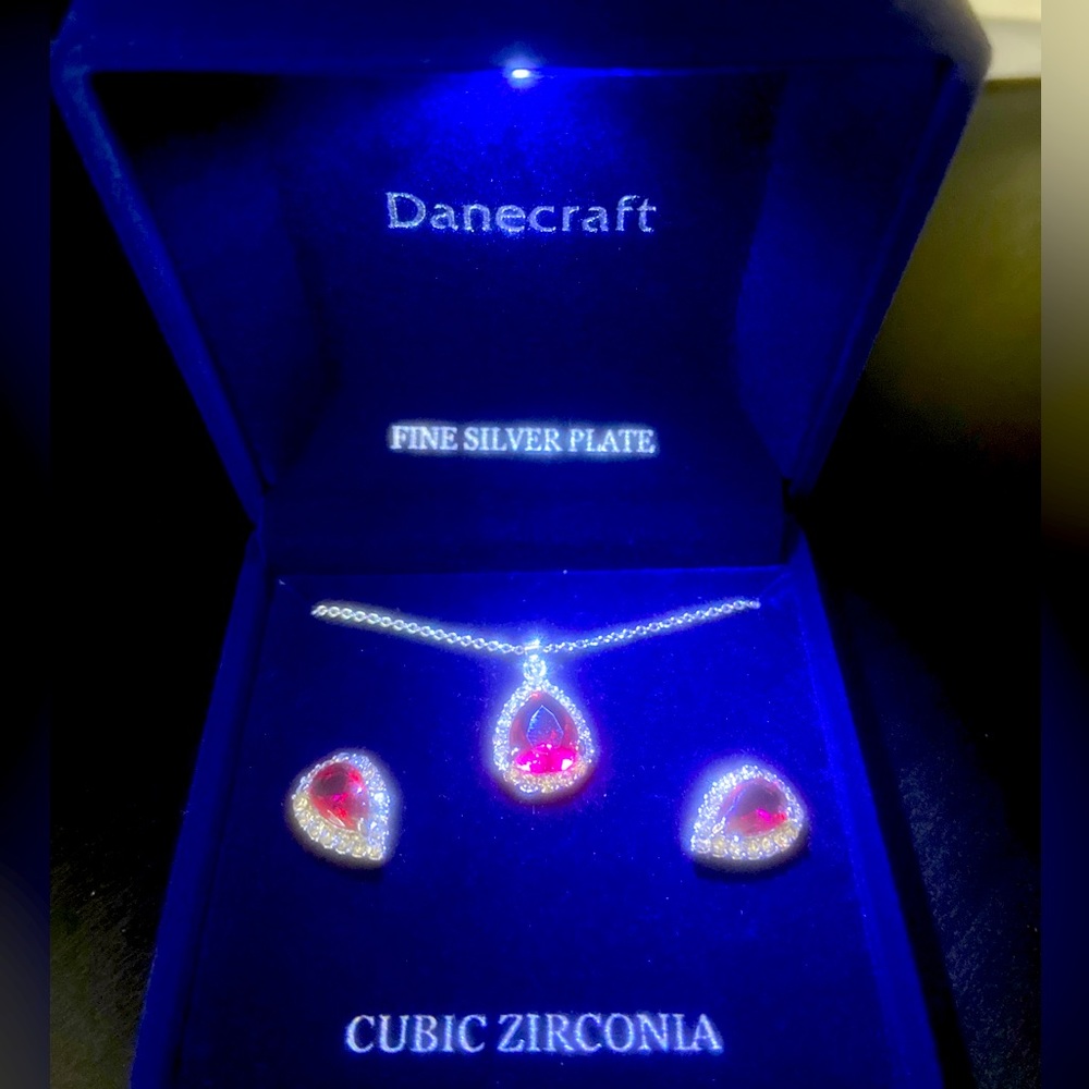 Cubic Zirconia Earrings and Necklace set in lighted box